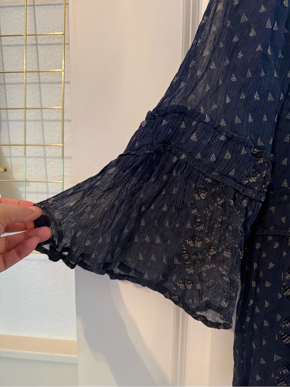 Lucky Brand Whimsigoth Navy Blue Sheer Tiered Boho Peasant Blouse Size M Top - Picture 7 of 10